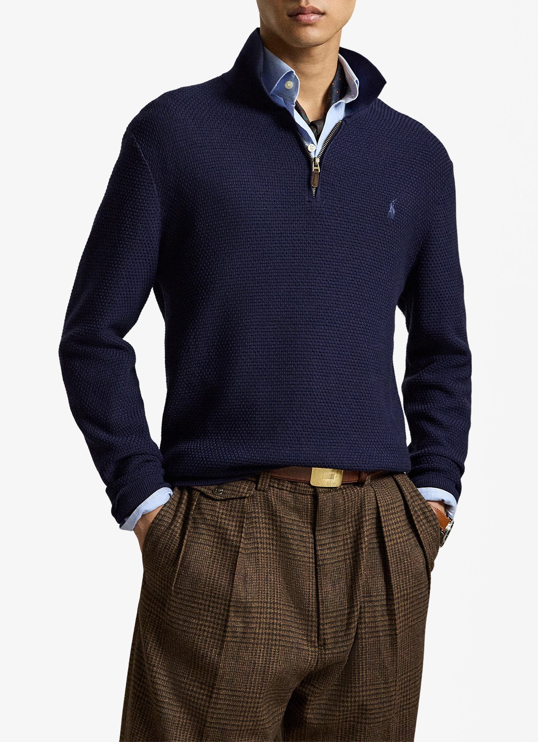 Ralph Lauren Grofgebreide trui van wol met halve rits - voorkant 2 hunter navy / donkerblauw