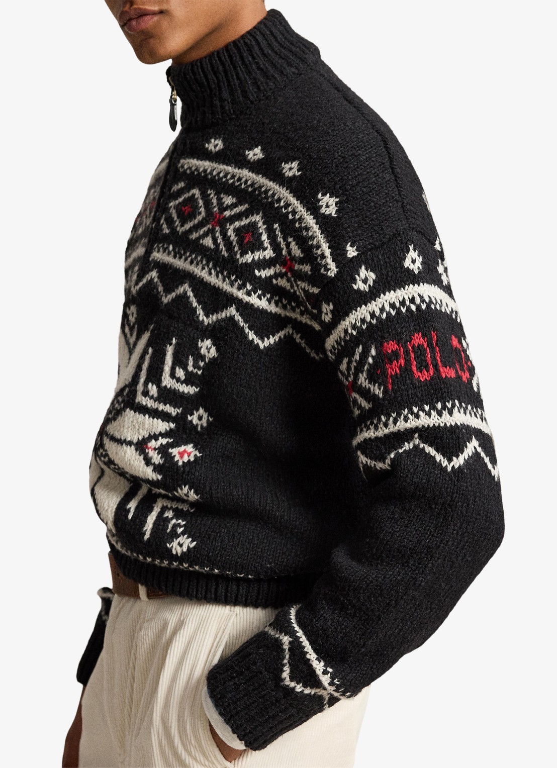Ralph Lauren Grofgebreide trui van wol met ingebreid patroon en halve rits - detail 2 black combo / zwart