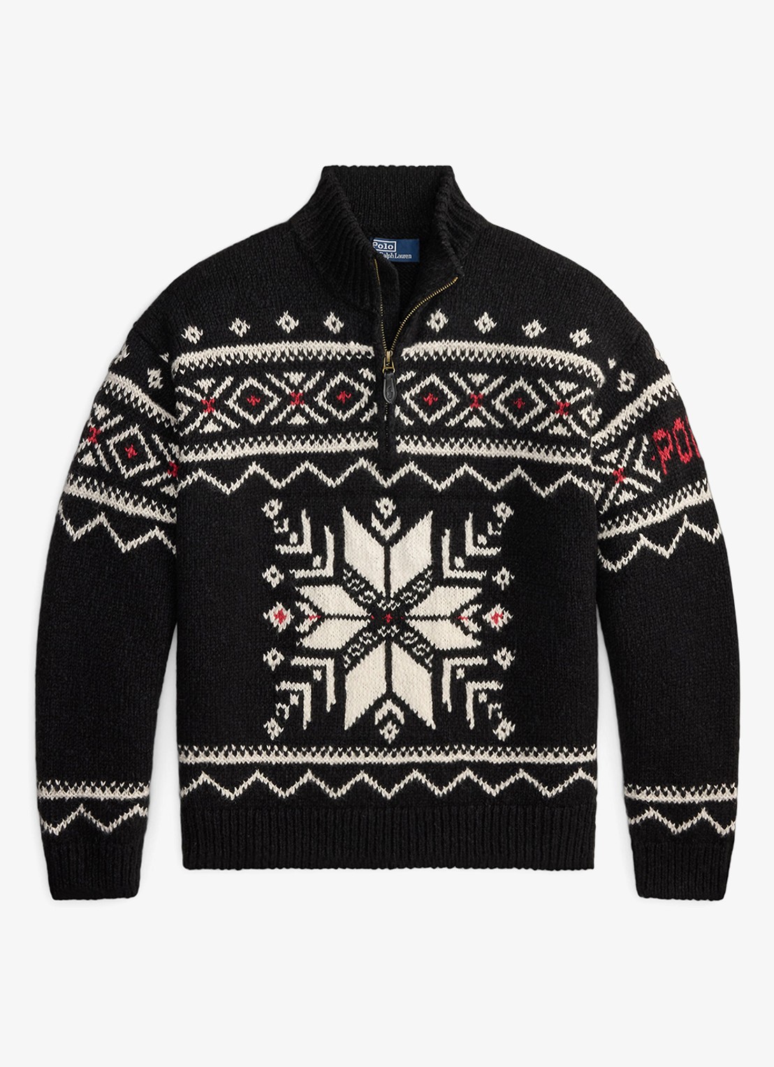 Ralph Lauren Grofgebreide trui van wol met ingebreid patroon en halve rits - voorkant 3 black combo / zwart