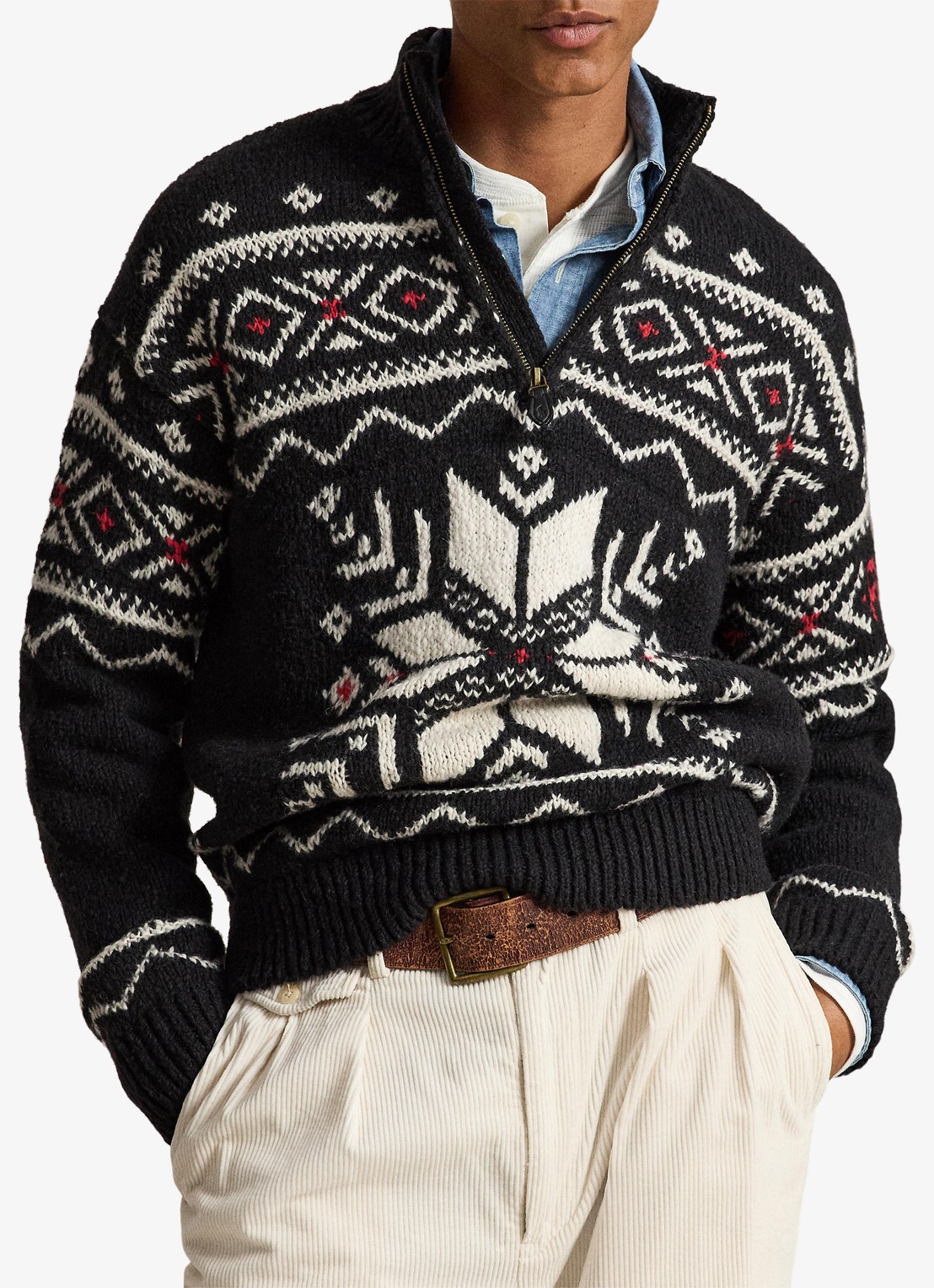 Ralph Lauren Grofgebreide trui van wol met ingebreid patroon en halve rits - voorkant 4 black combo / zwart
