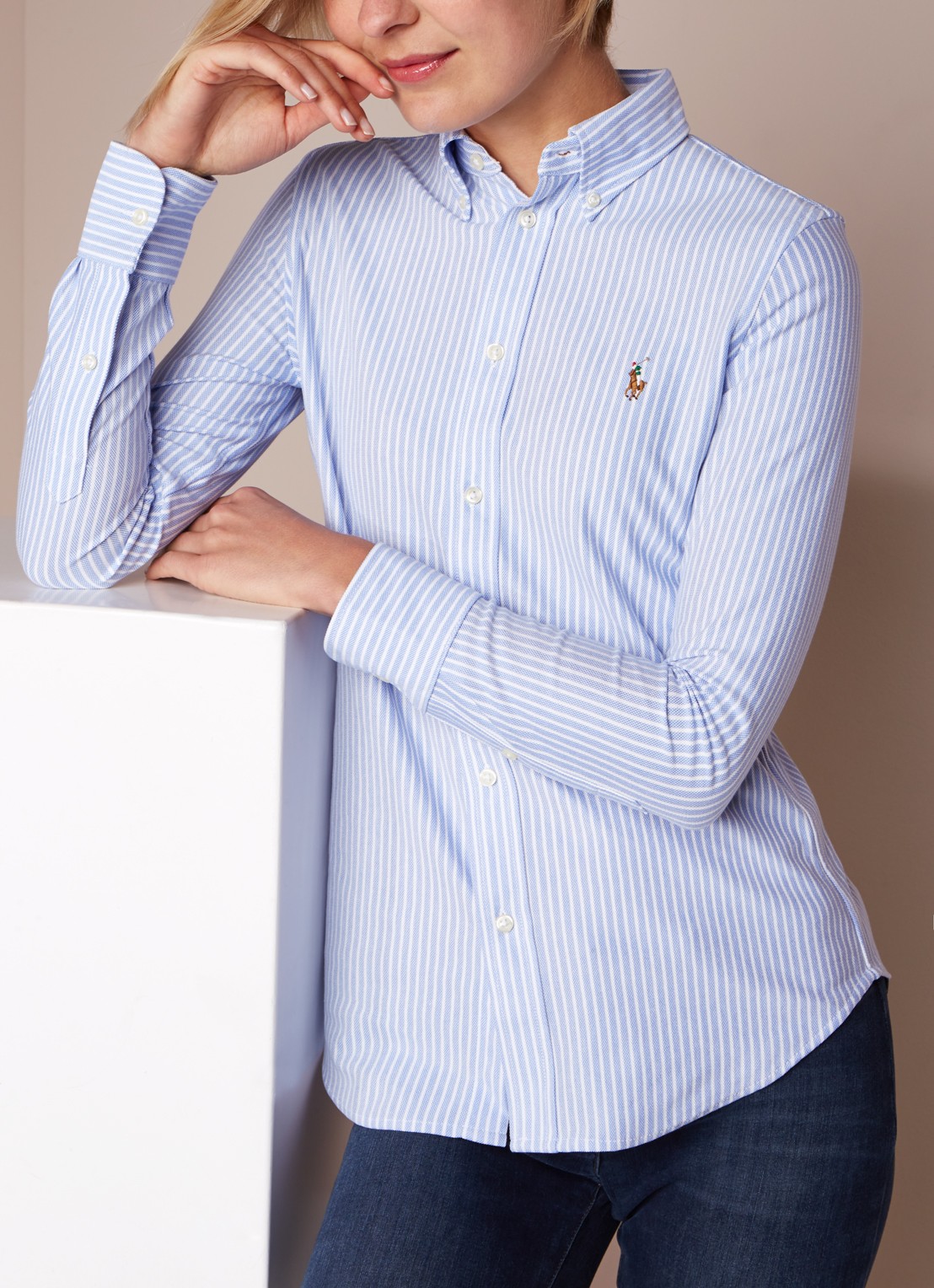 Ralph Lauren Heidi Oxford blouse van jersey met gestreept dessin - detail lichtblauw
