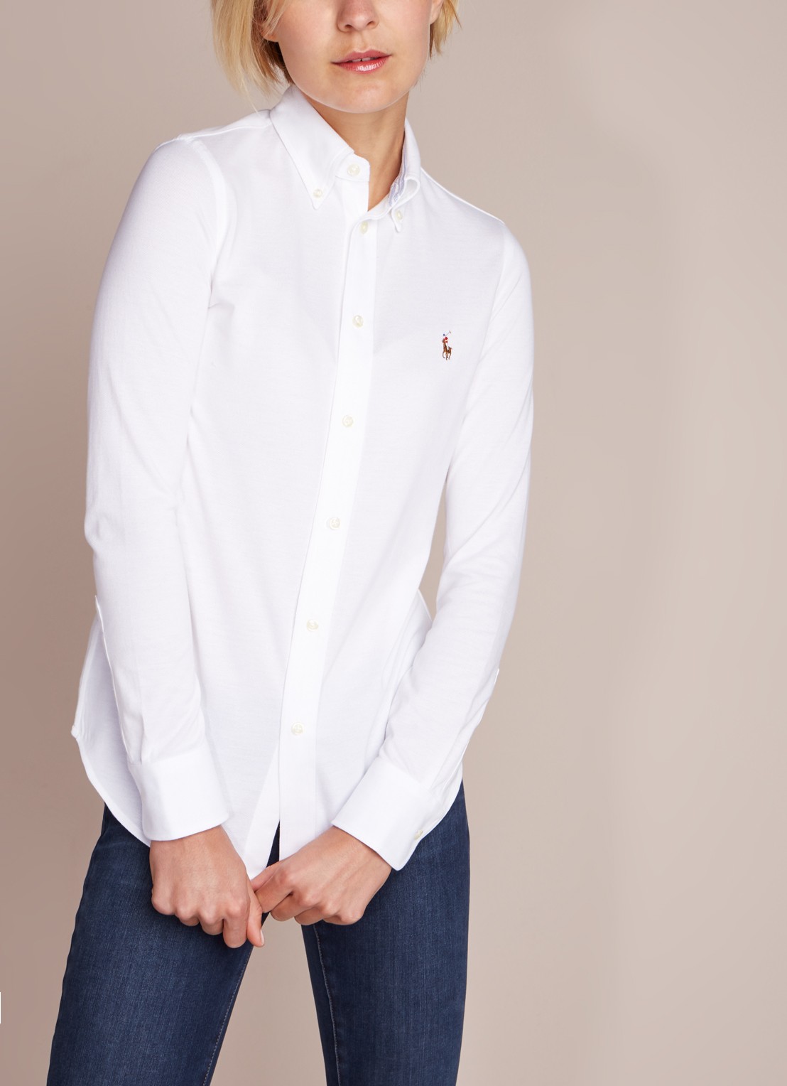 Ralph Lauren Heidi Oxford blouse van jersey - detail wit
