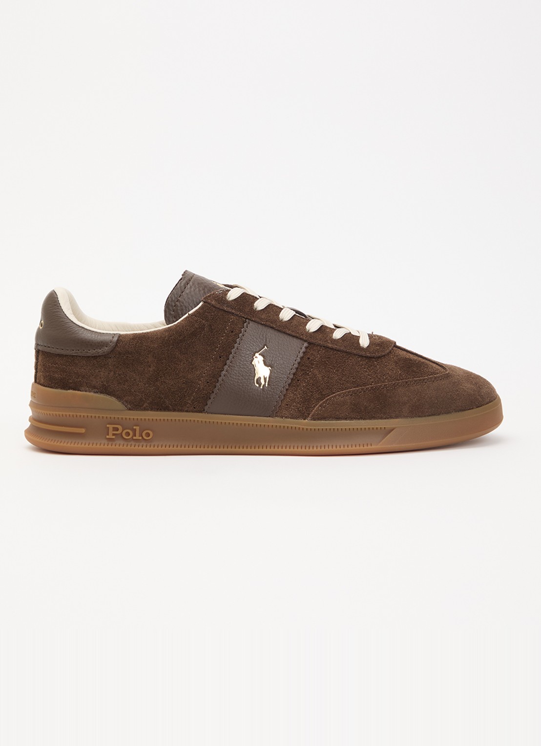 Ralph Lauren Heritage Aera sneaker van suède met leren details en logo - voorkant chocoladebruin