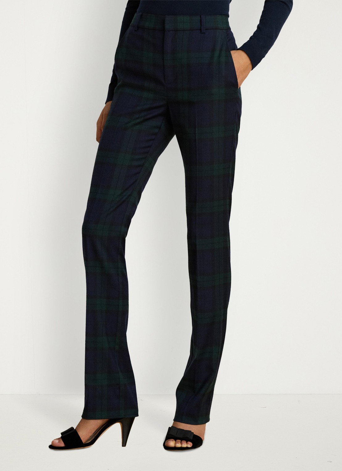 Ralph Lauren High waist flared fit pantalon met ruitdessin - detail 4 black/green multi / zwart/groen