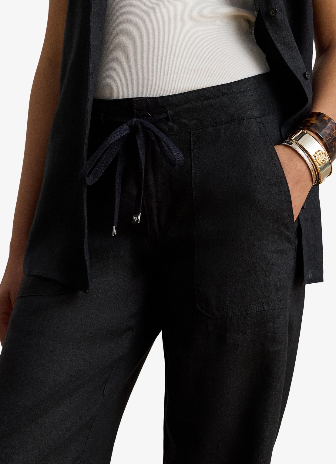 Ralph Lauren High waist loose fit pantalon van linnen - detail 5 polo black / zwart