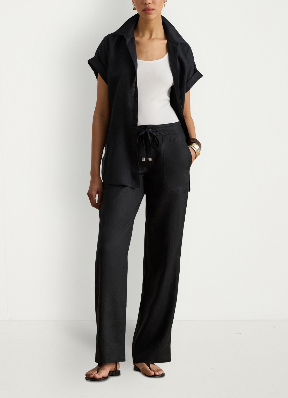 Ralph Lauren High waist loose fit pantalon van linnen - voorkant 3 polo black / zwart