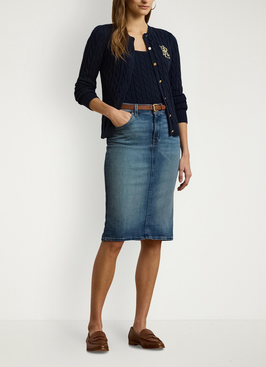 Ralph Lauren High waist midi spijkerrok met steekzakken - voorkant 8 sunset indigo wash / indigo