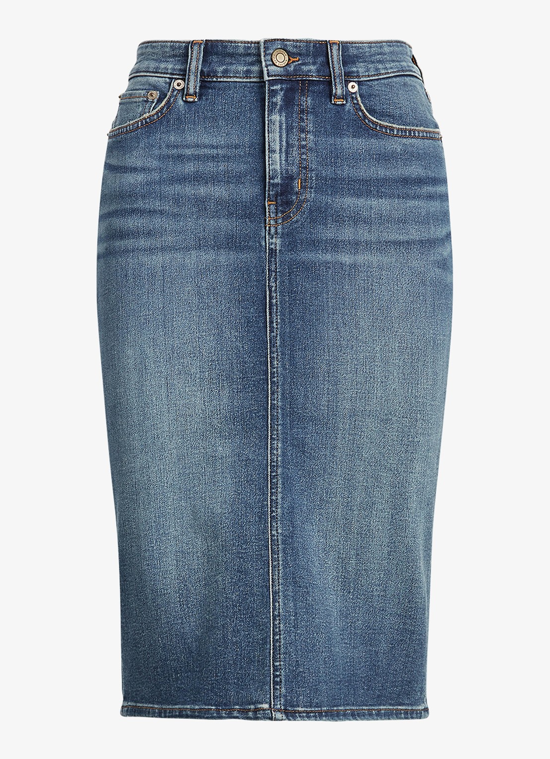 Ralph Lauren High waist midi spijkerrok met steekzakken - voorkant 9 sunset indigo wash / indigo