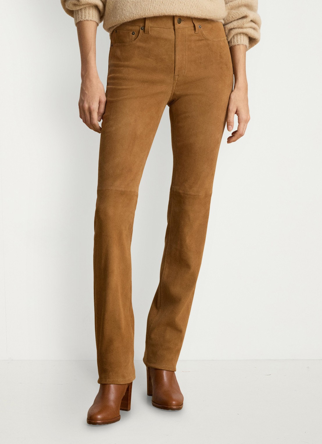 Ralph Lauren High waist slim fit broek van suède  - detail camel suede / beige