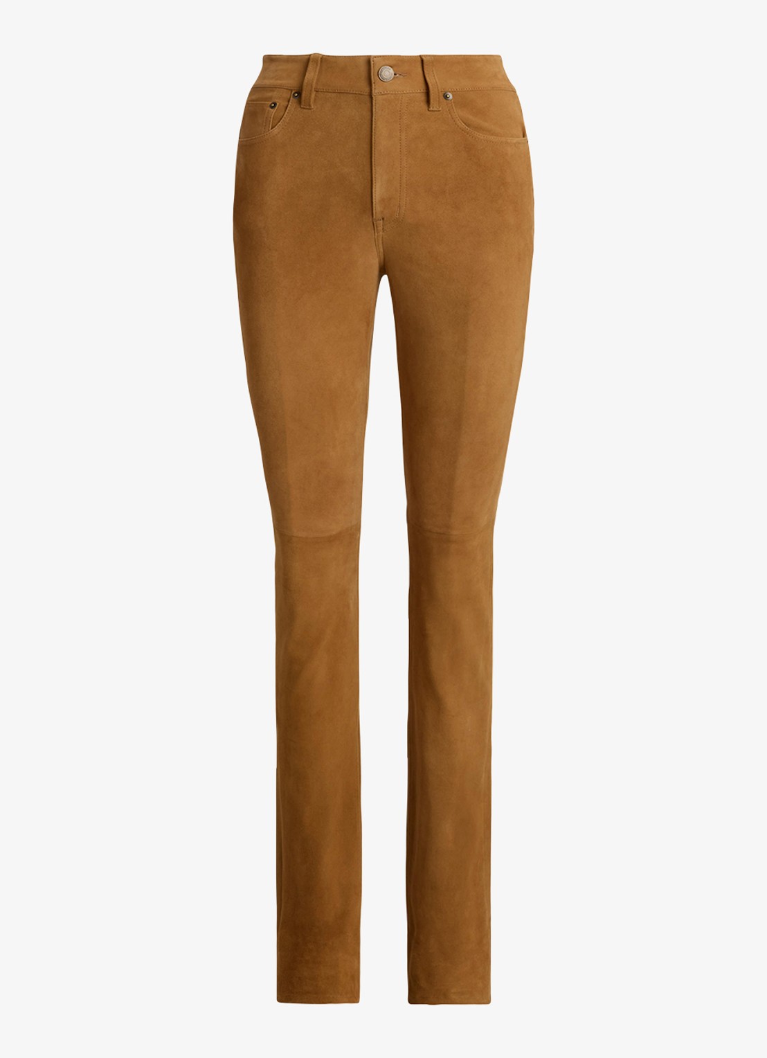 Ralph Lauren High waist slim fit broek van suède  - voorkant 3 camel suede / beige