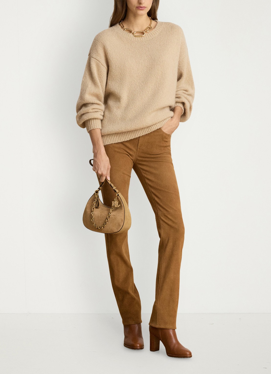 Ralph Lauren High waist slim fit broek van suède  - voorkant 4 camel suede / beige