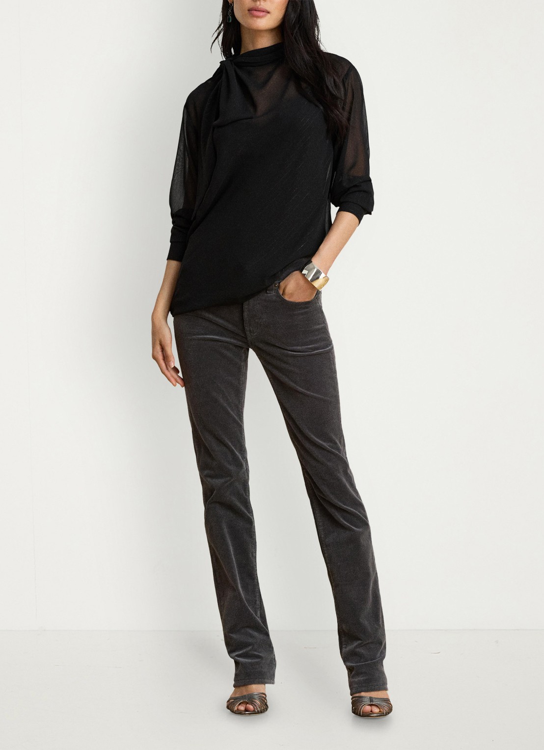 Ralph Lauren High waist slim fit jeans van corduroy - voorkant 4 onyx grey / grijs