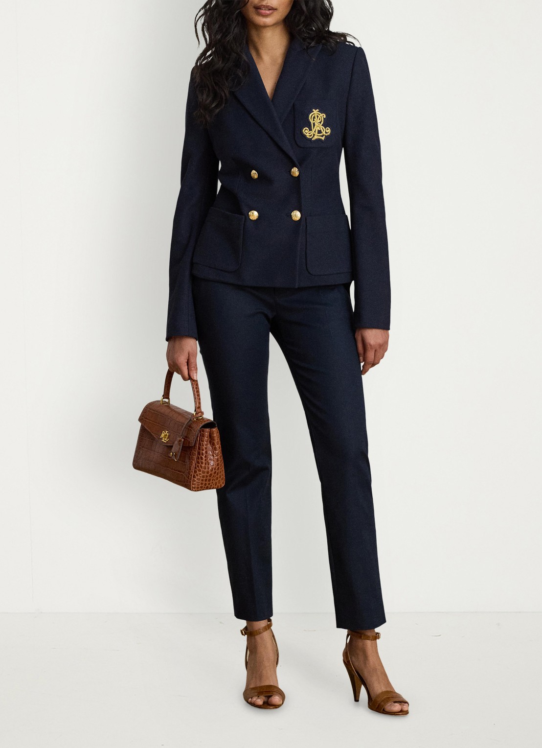 Ralph Lauren High waist slim fit pantalon met steekzakken - voorkant 2 lauren navy / blauw