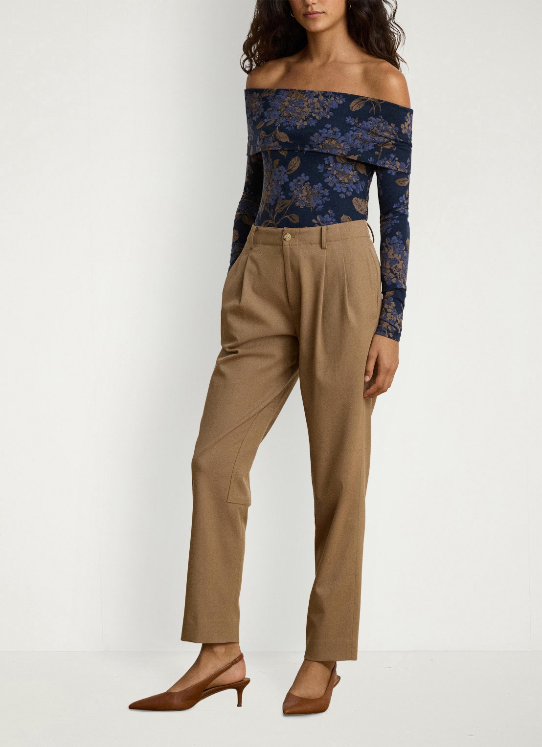 Ralph Lauren High waist slim fit pantalon met steekzakken - voorkant 2 lauren camel / beige