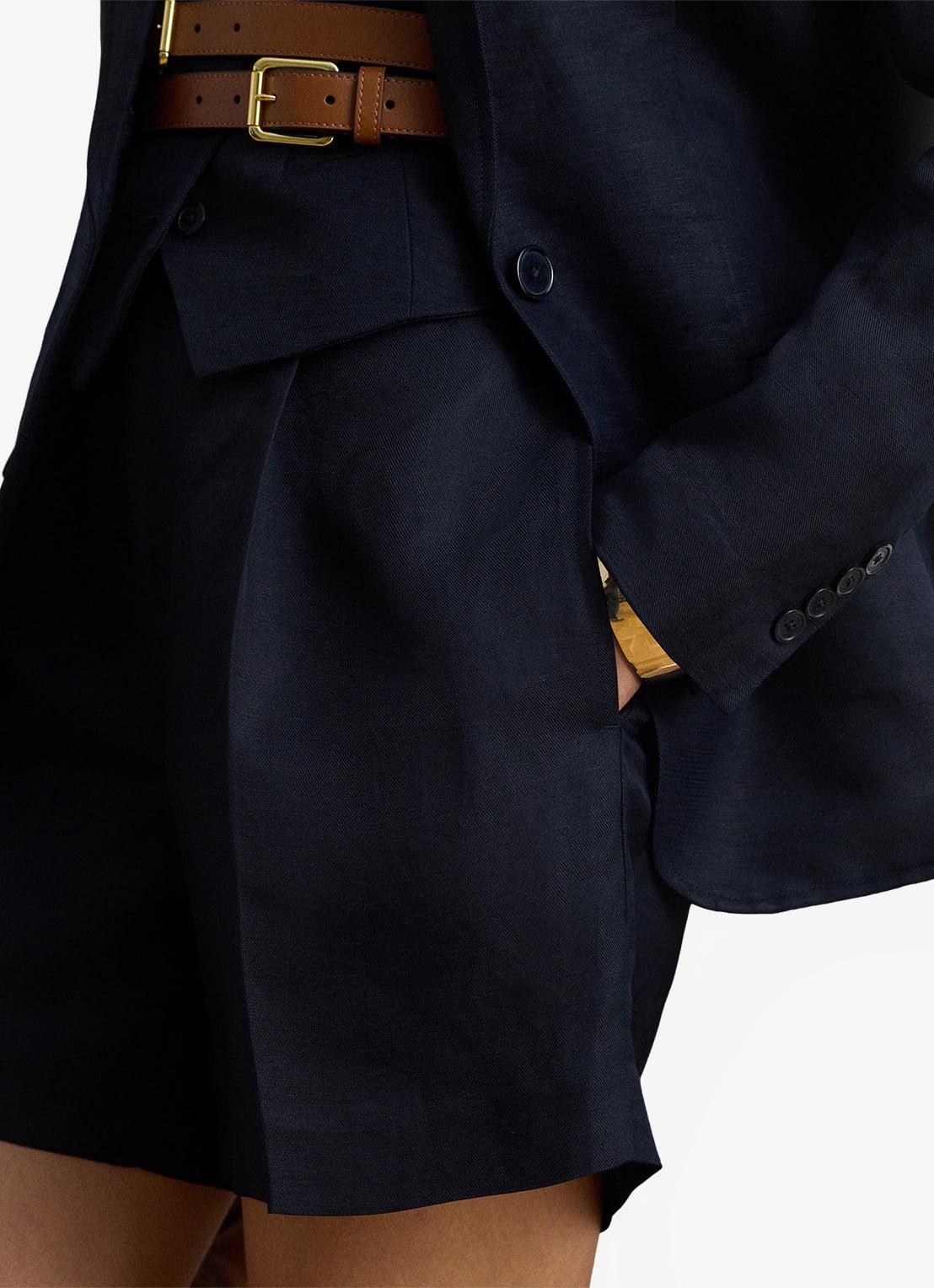 Ralph Lauren High waist straight fit korte broek in linnenblend - detail 2 lauren navy / donkerblauw
