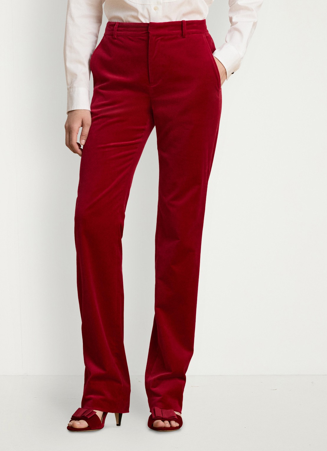 Ralph Lauren High waist straight fit pantalon van fluweel met steekzakken - detail 4 lauren red velvet / rood
