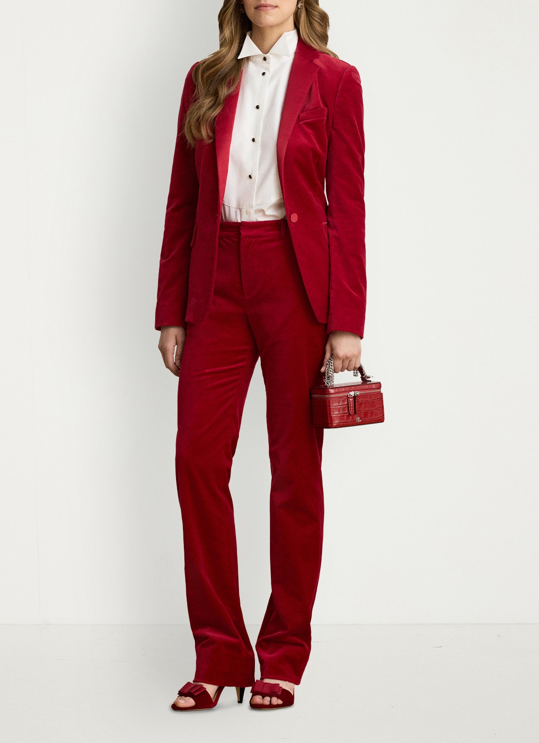 Ralph Lauren High waist straight fit pantalon van fluweel met steekzakken - voorkant 2 lauren red velvet / rood