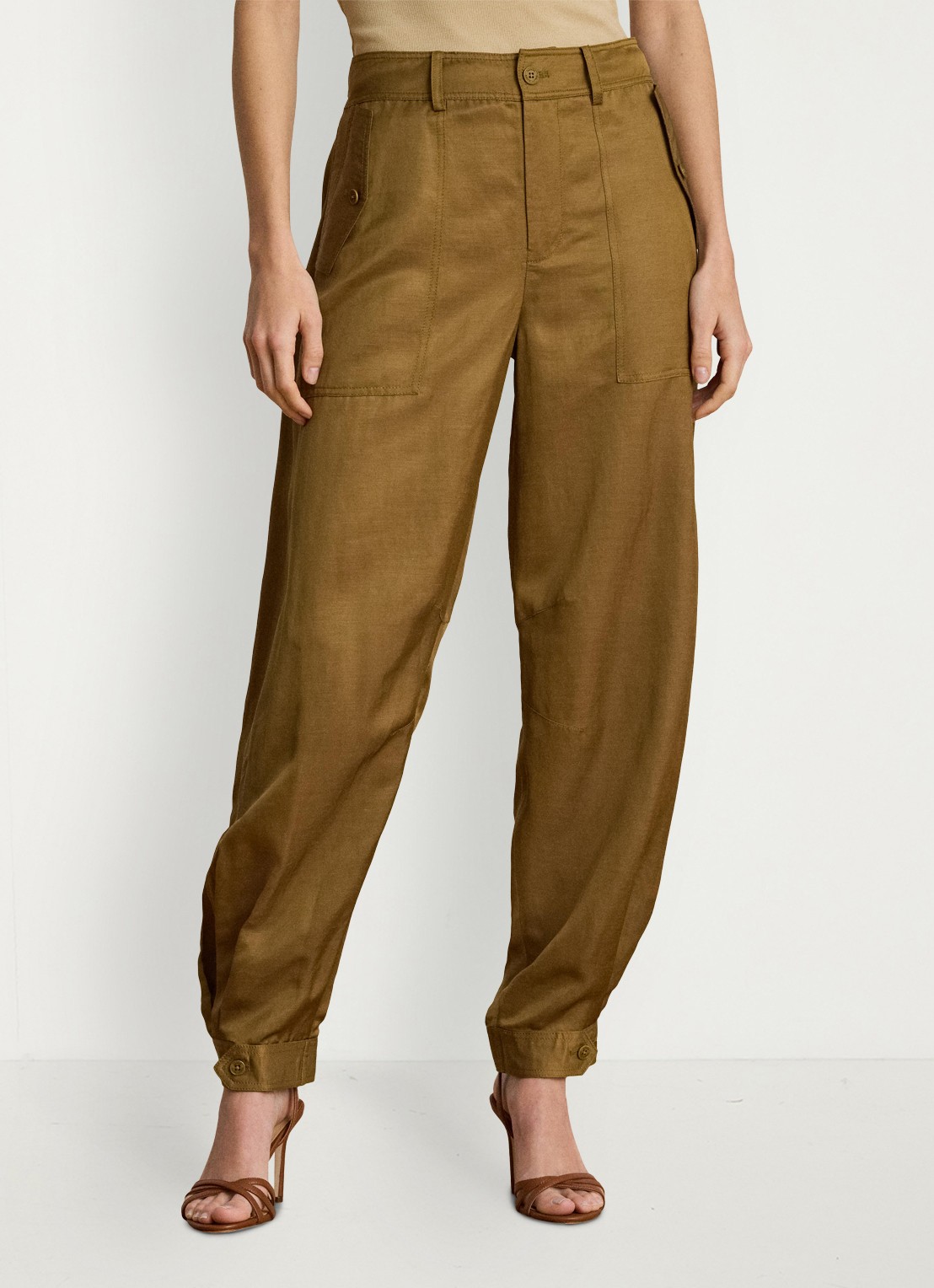 Ralph Lauren High waist tapered fit cargobroek in linnenblend met klepzakken - detail 3 tobacco bronze / bruin