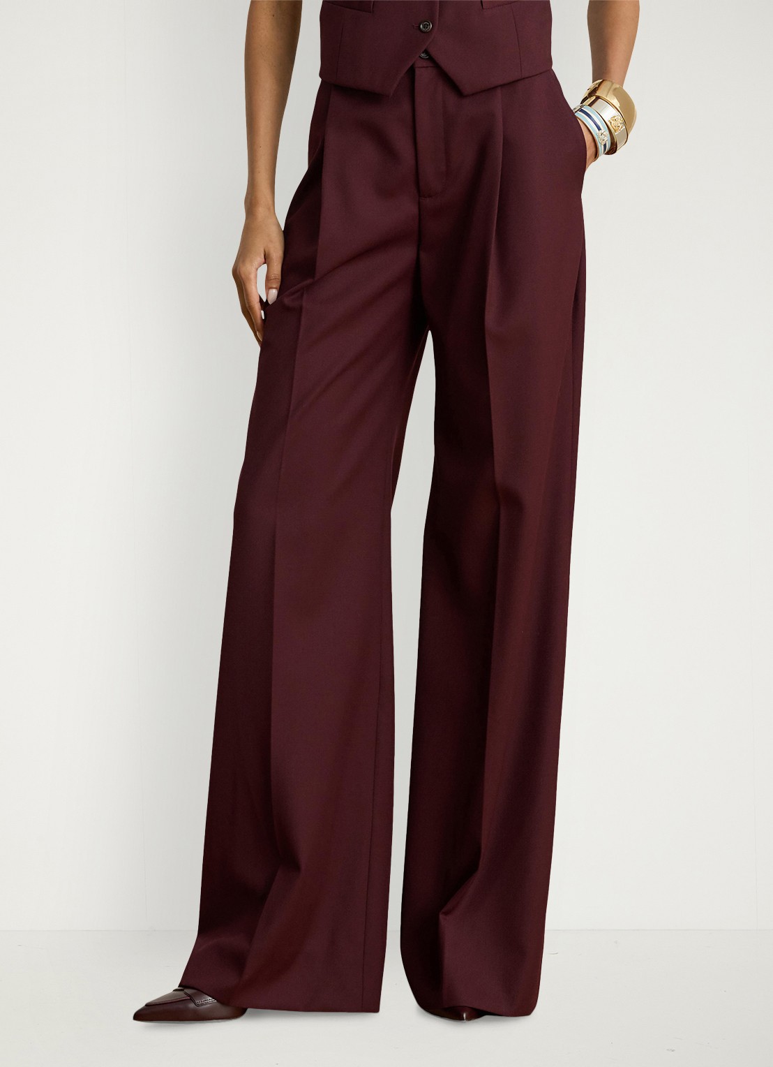 Ralph Lauren High waist wide fit broek in wolblend  - detail 3 dark garnet / bordeauxrood