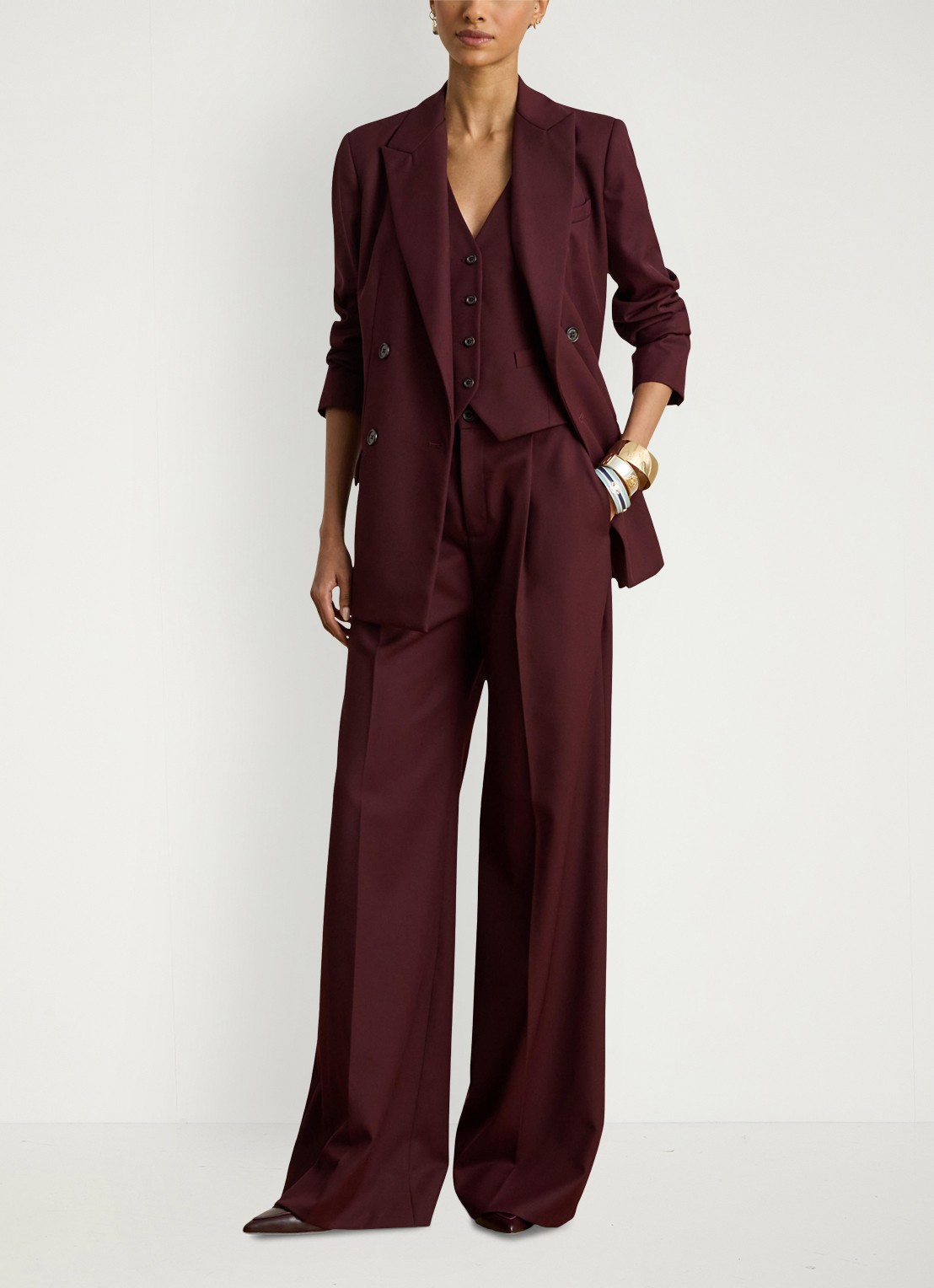 Ralph Lauren High waist wide fit broek in wolblend  - voorkant 2 dark garnet / bordeauxrood