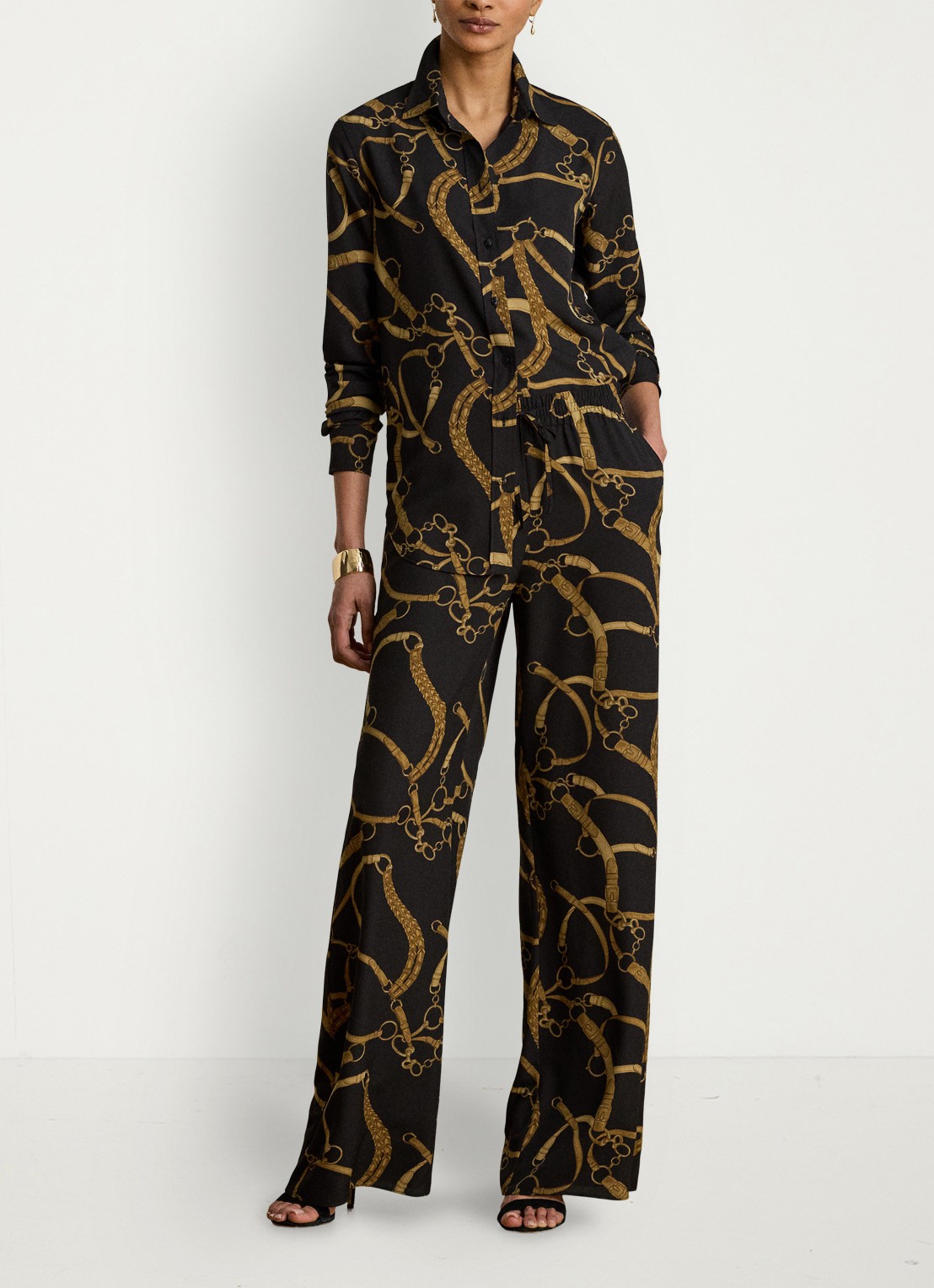 Ralph Lauren High waist wide fit broek met print - voorkant 2 black/tan / zwart