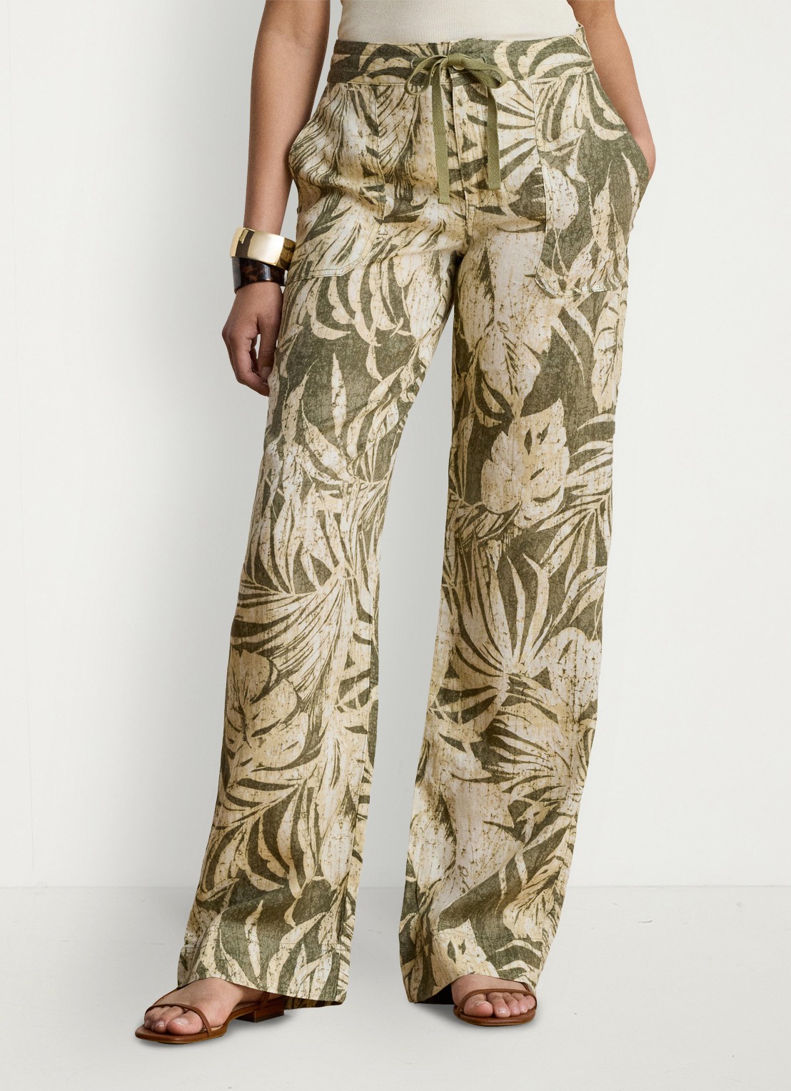 Ralph Lauren High waist wide fit broek van linnen met bladprint - detail 2 olive multi / groen
