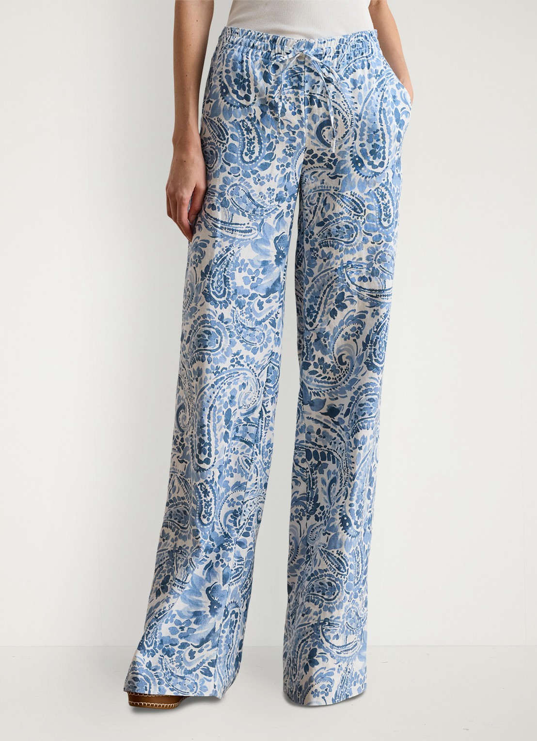 Ralph Lauren High waist wide fit broek van linnen met paisley dessin - detail 3 white/blue-2wxt