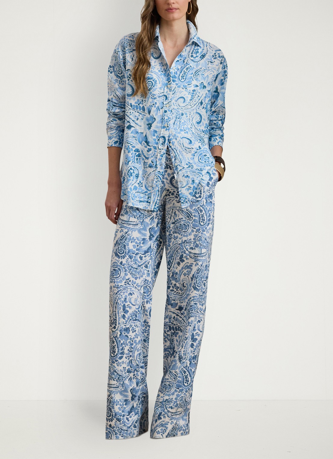 Ralph Lauren High waist wide fit broek van linnen met paisley dessin - voorkant 2 white/blue-2wxt