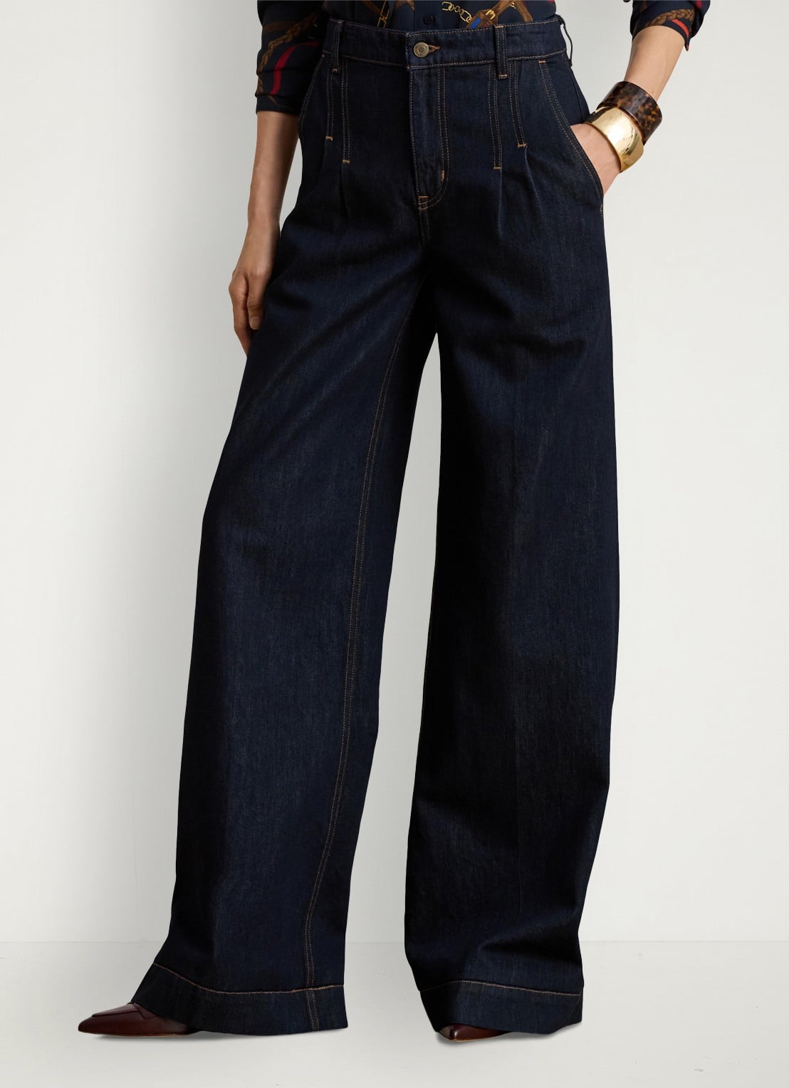 Ralph Lauren High waist wide fit jeans met plooidetails - detail donkerblauw