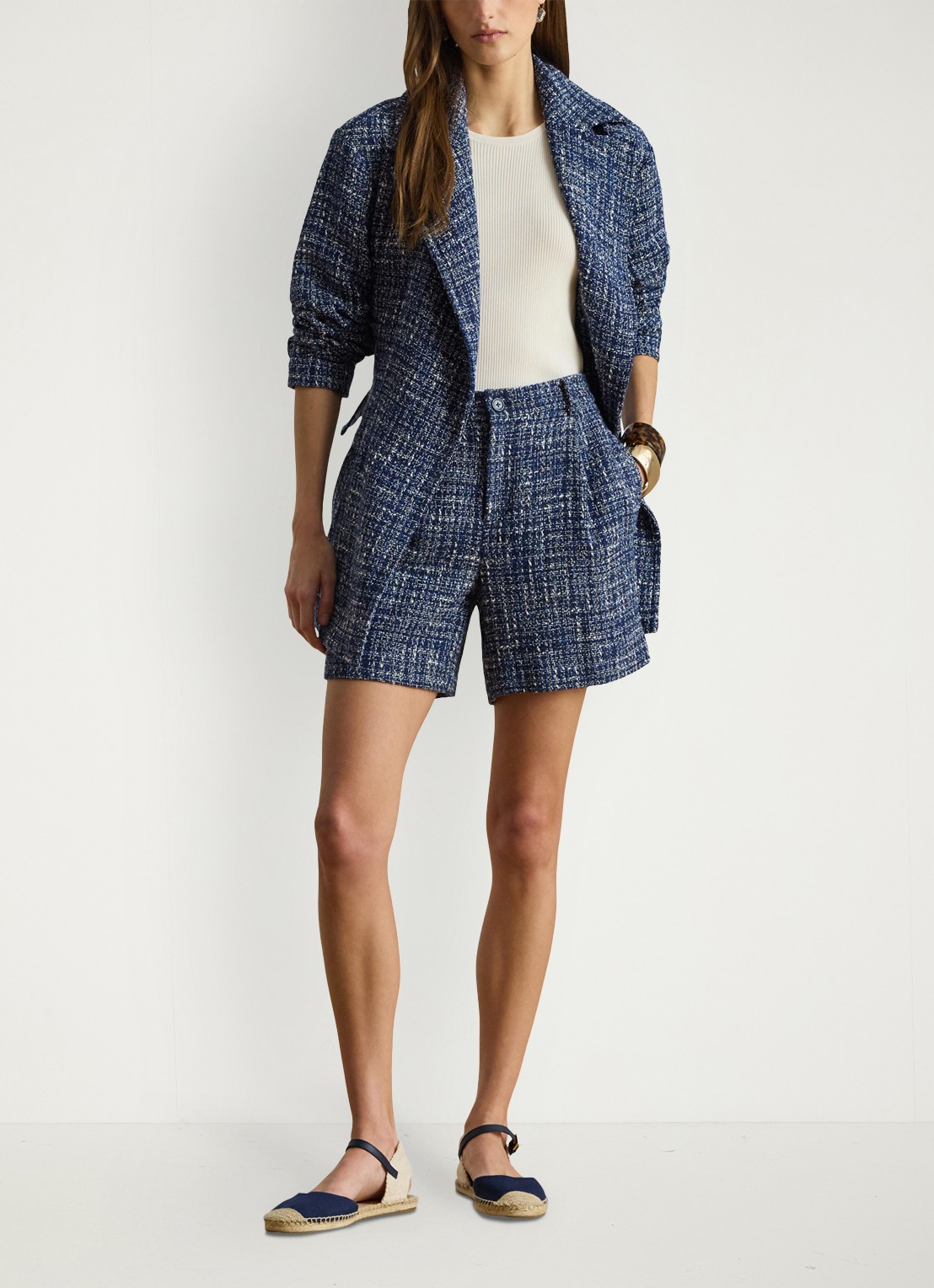 Ralph Lauren High waist wide fit korte broek met tweed-look - voorkant 2 navy blue multi / blauw