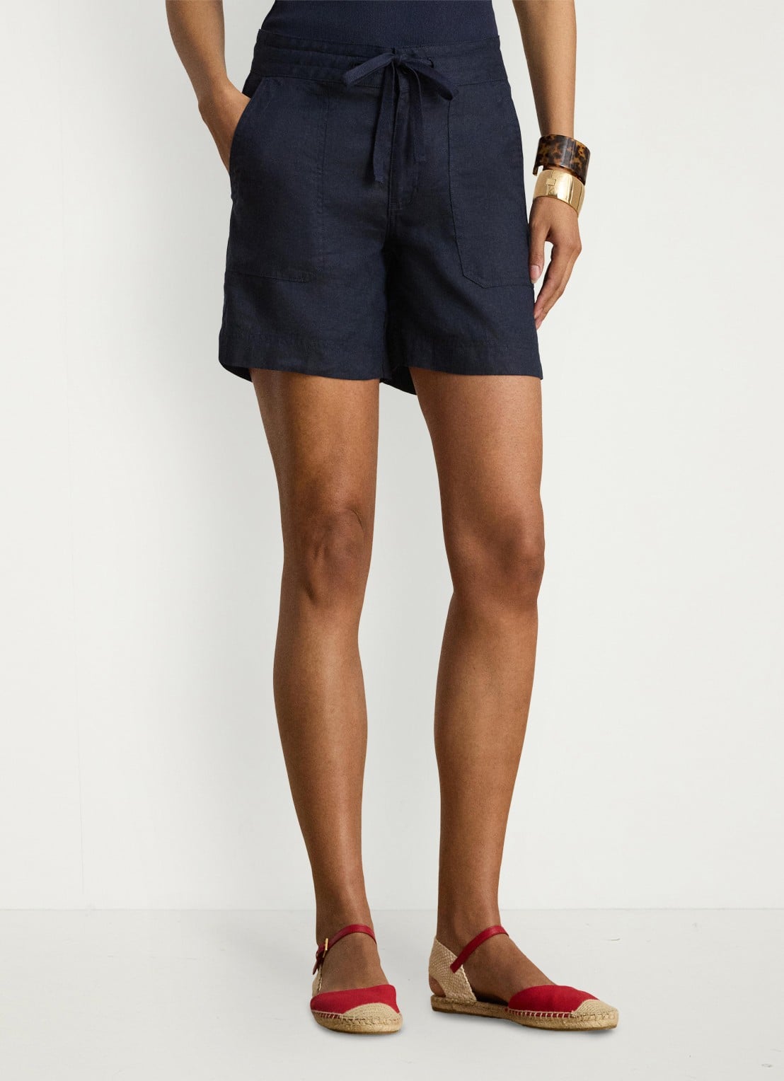 Ralph Lauren High waist wide fit korte broek van linnen - detail 3 lauren navy / donkerblauw