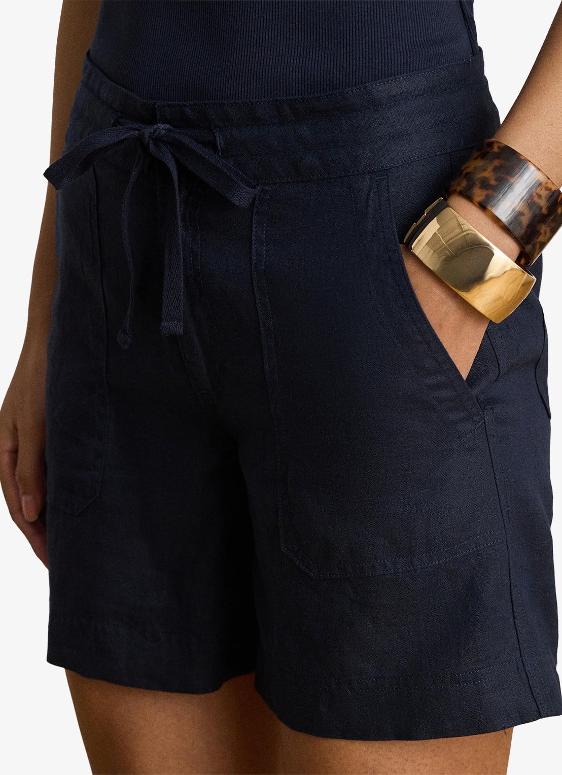 Ralph Lauren High waist wide fit korte broek van linnen - detail 4 lauren navy / donkerblauw