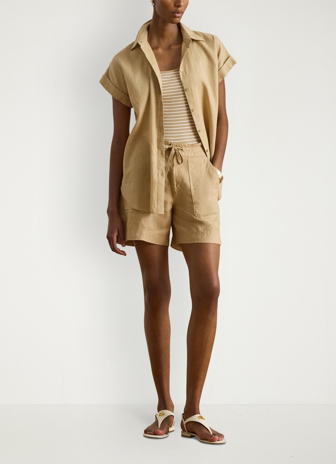Ralph Lauren High waist wide fit korte broek van linnen - voorkant 3 birch tan / beige