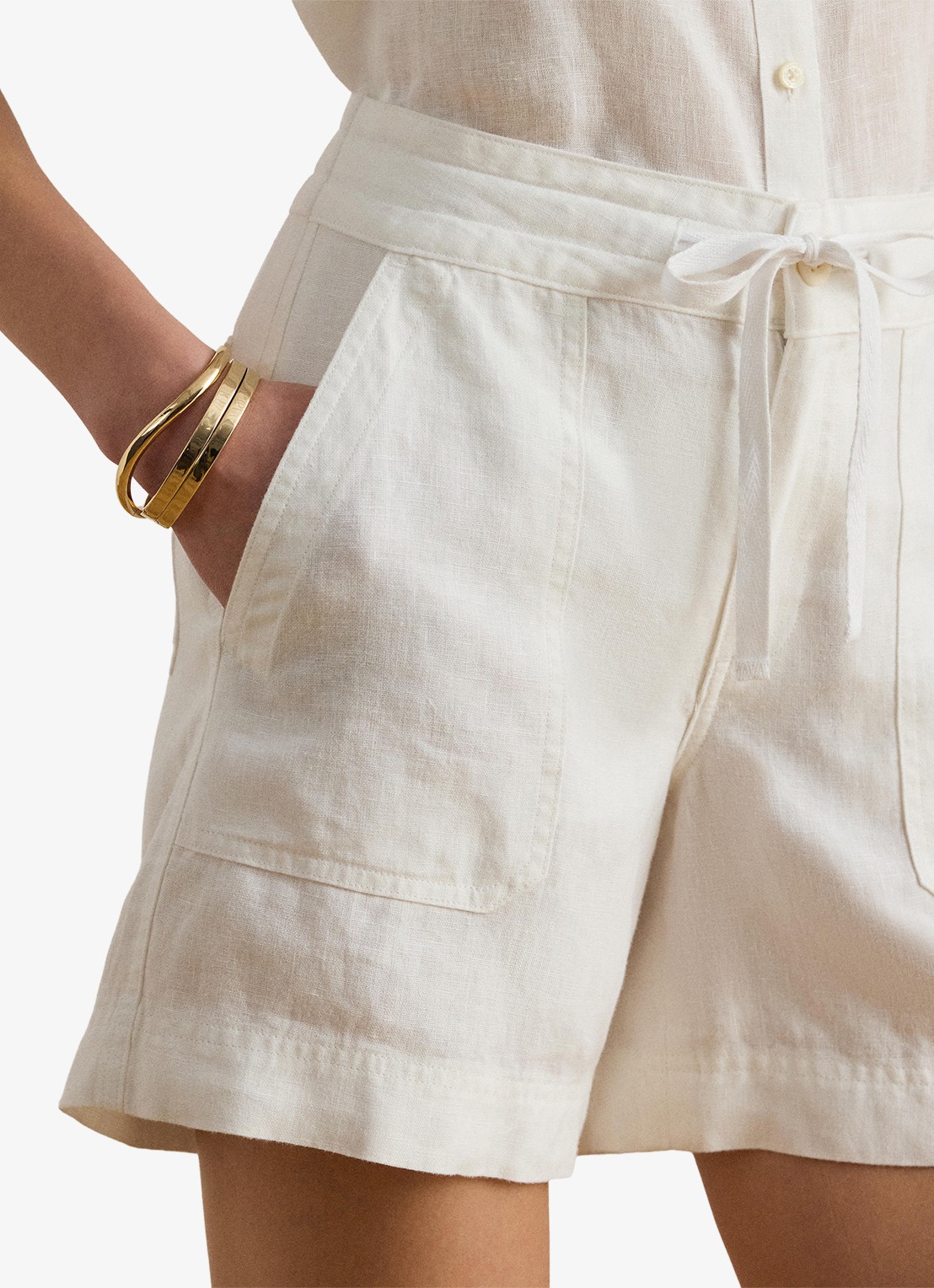 Ralph Lauren High waist wide fit korte broek van linnen - detail 3 wit