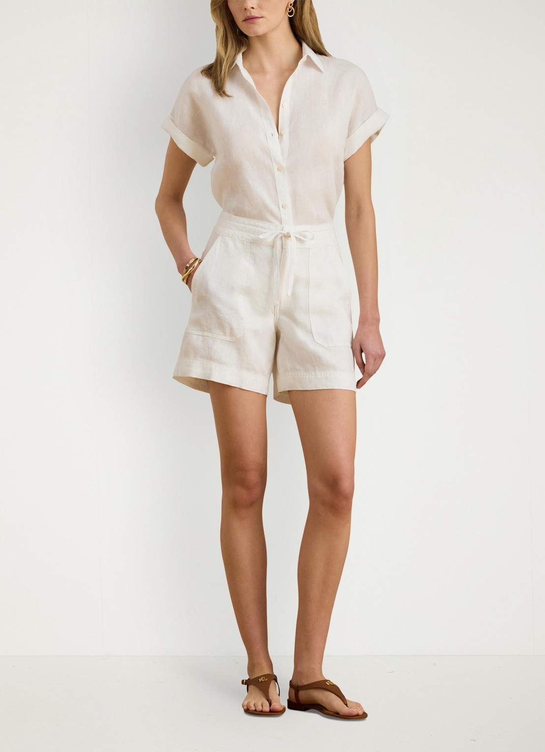 Ralph Lauren High waist wide fit korte broek van linnen - voorkant 5 wit