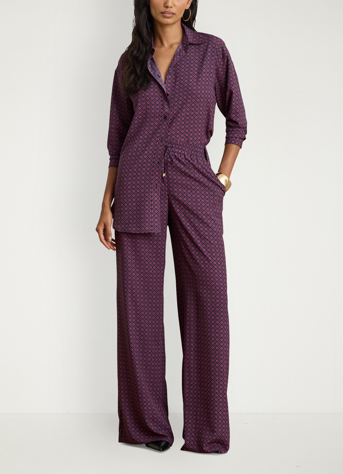 Ralph Lauren High waist wide fit palazzo broek met grafische print - voorkant 3 navy multi / donkerrood