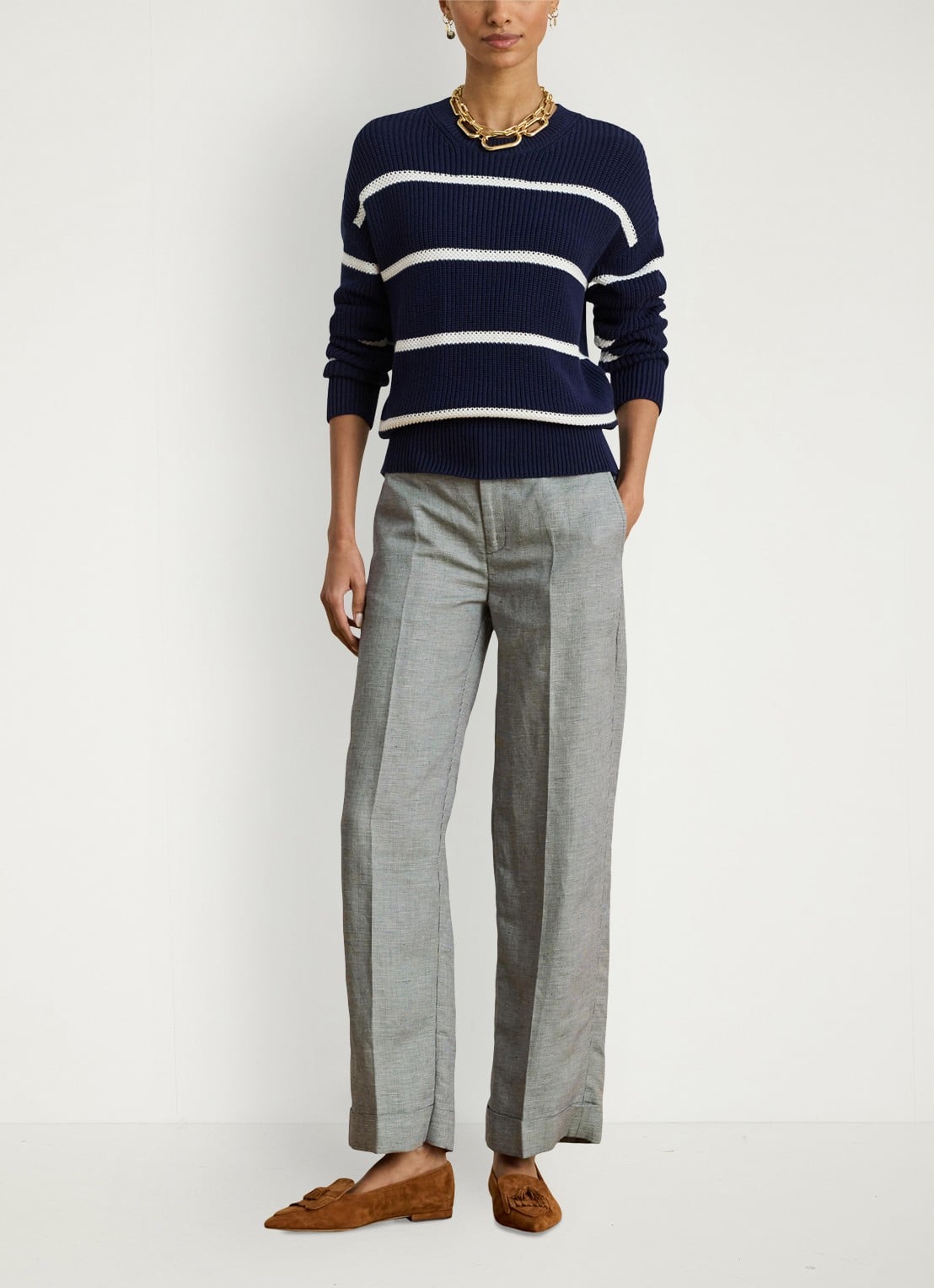 Ralph Lauren High waist wide fit pantalon in linnenblend - voorkant 2 lichtgrijs