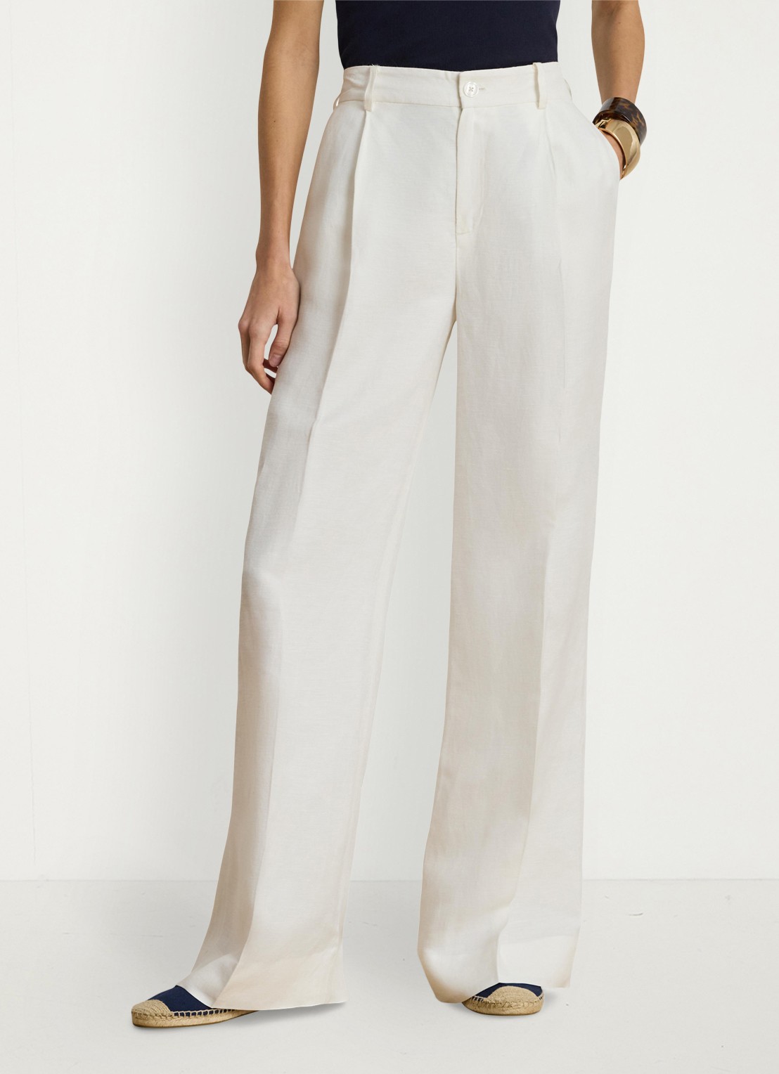 Ralph Lauren High waist wide fit pantalon in linnenblend - detail wit