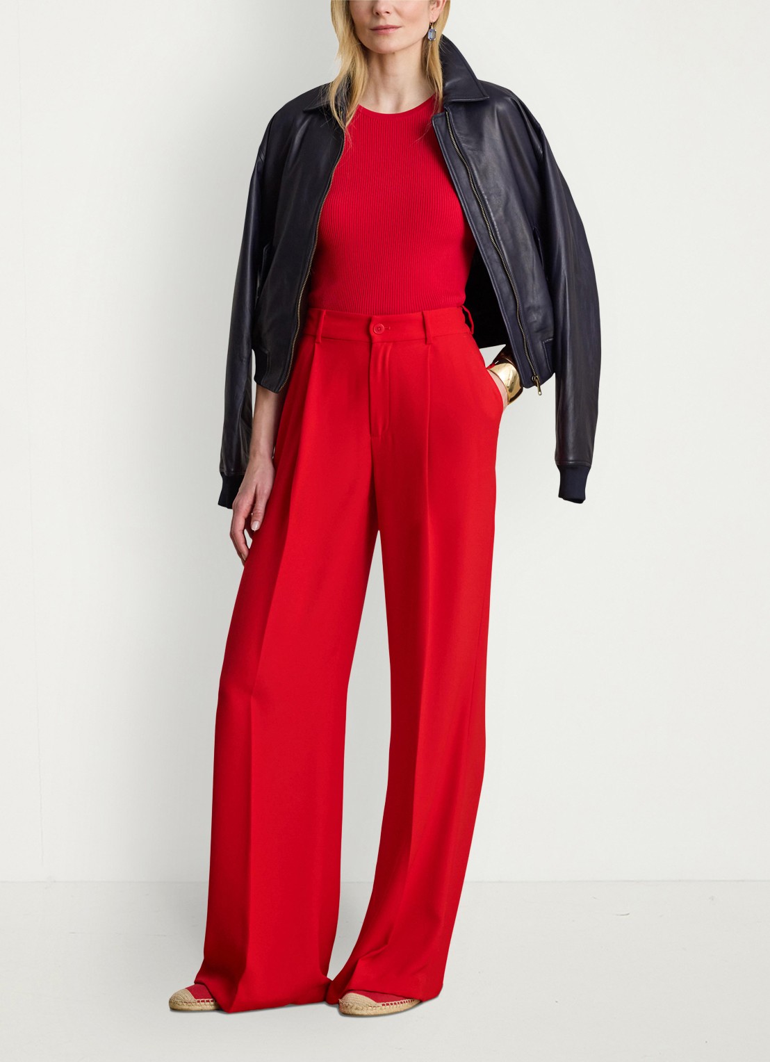 Ralph Lauren High waist wide fit pantalon met steekzaken - voorkant 5 cruise red 2wr6 / rood
