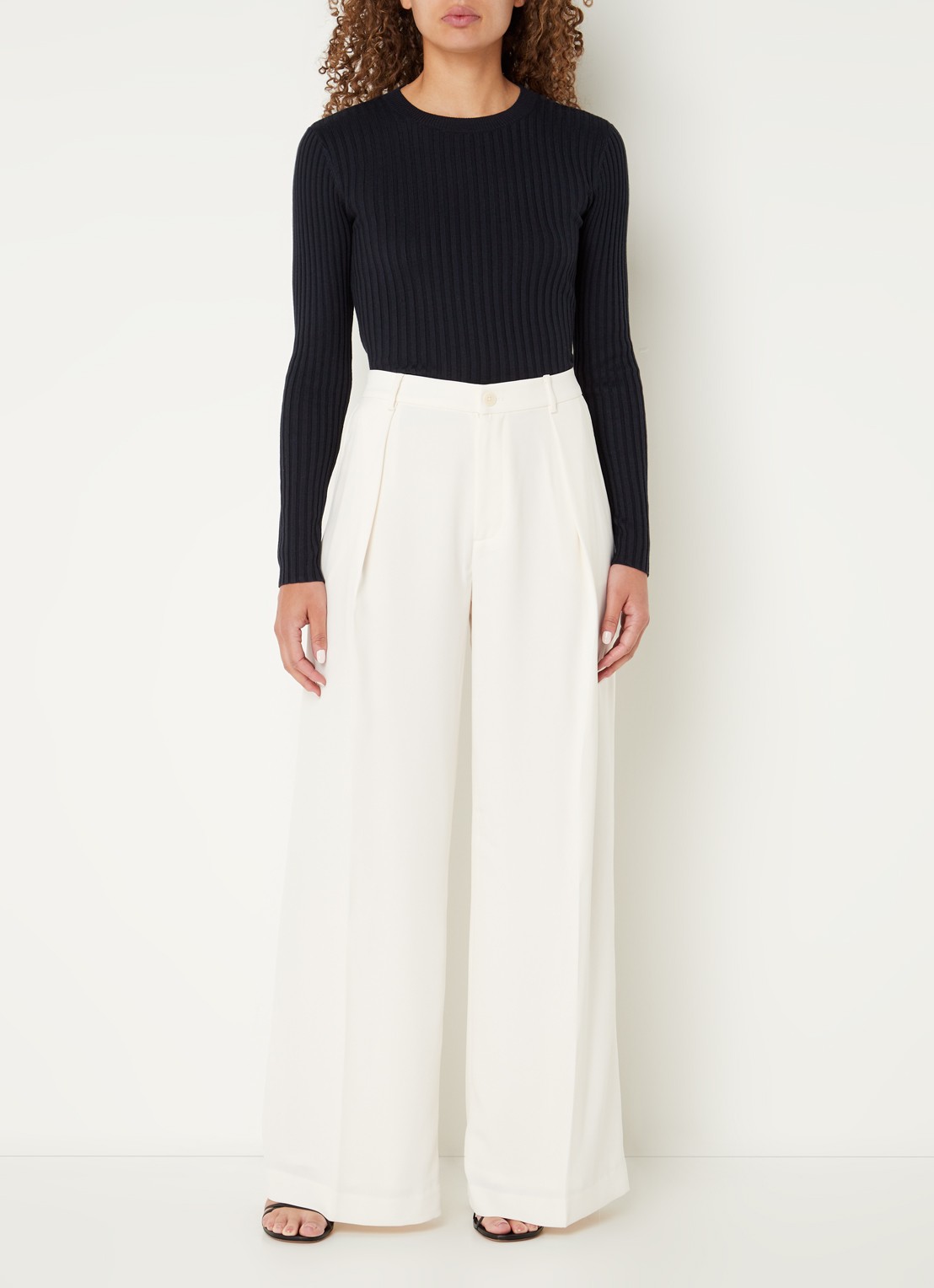 Ralph Lauren High waist wide fit pantalon met steekzakken en persplooi - voorkant 3 creme