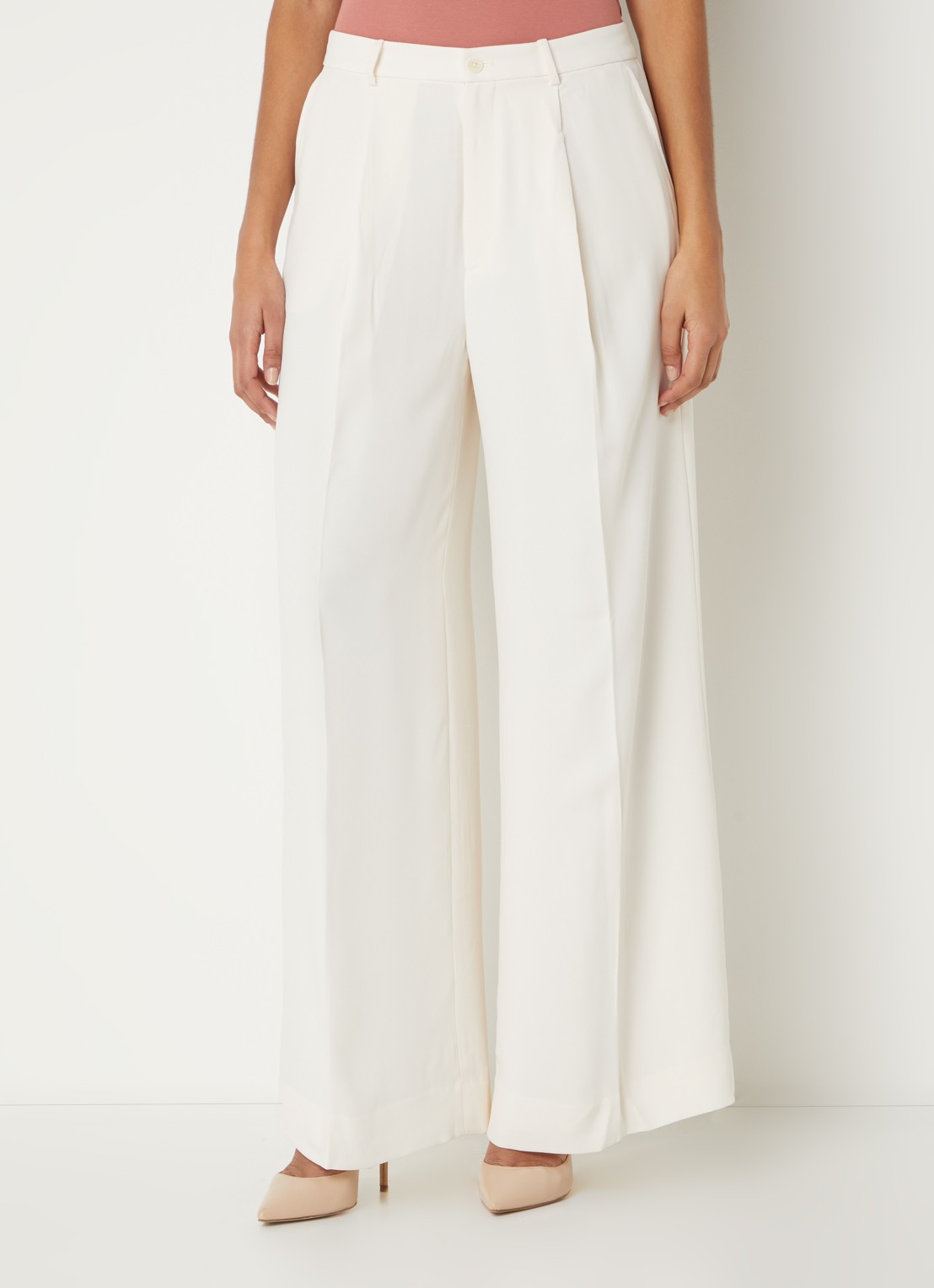 Ralph Lauren High waist wide fit pantalon met steekzakken en persplooi - detail creme