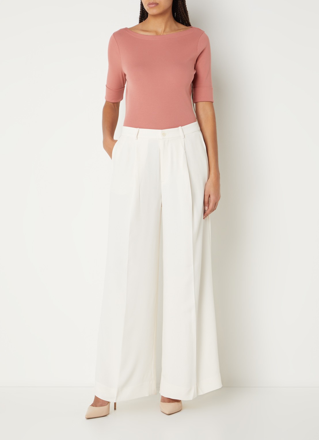 Ralph Lauren High waist wide fit pantalon met steekzakken en persplooi - voorkant 4 creme