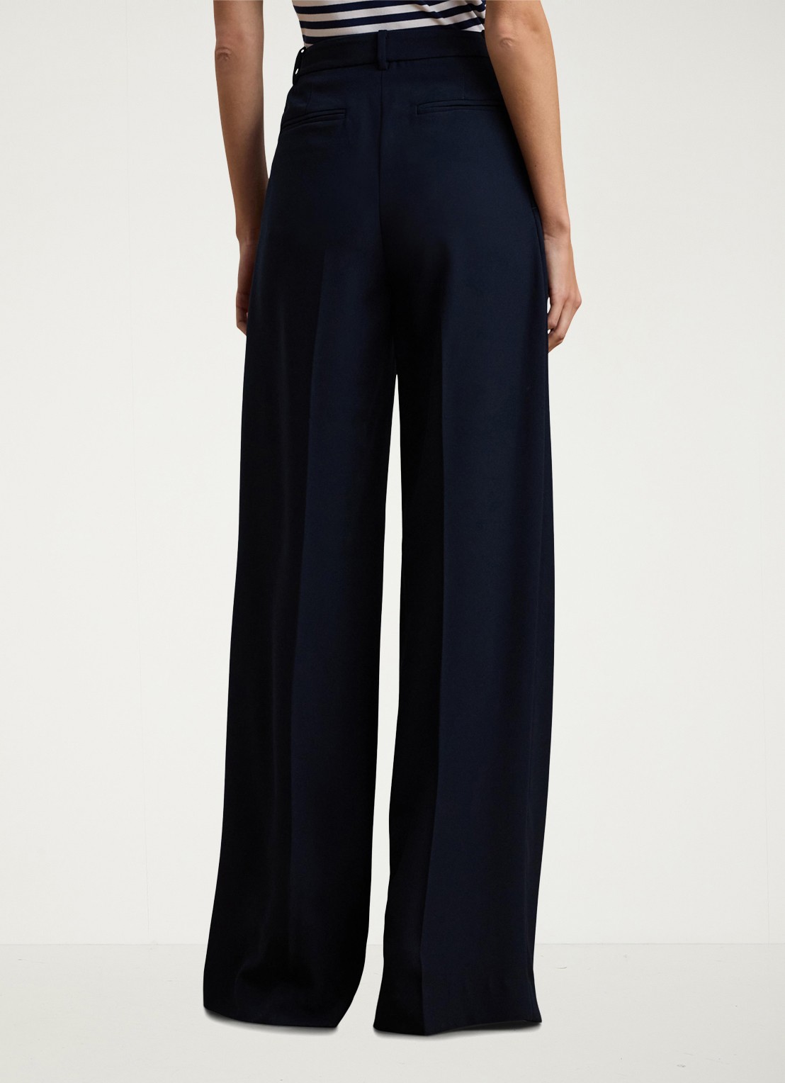 Ralph Lauren High waist wide fit pantalon met steekzakken en persplooi - achterkant donkerblauw