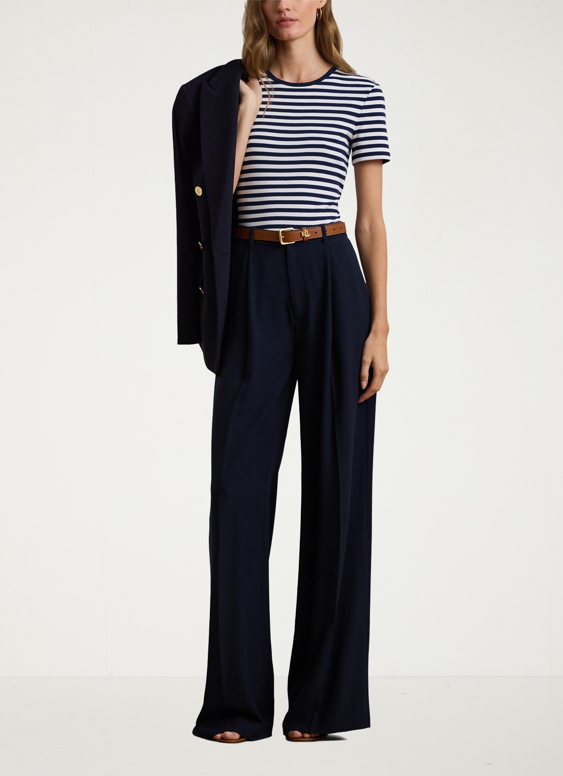 Ralph Lauren High waist wide fit pantalon met steekzakken en persplooi - voorkant 5 donkerblauw