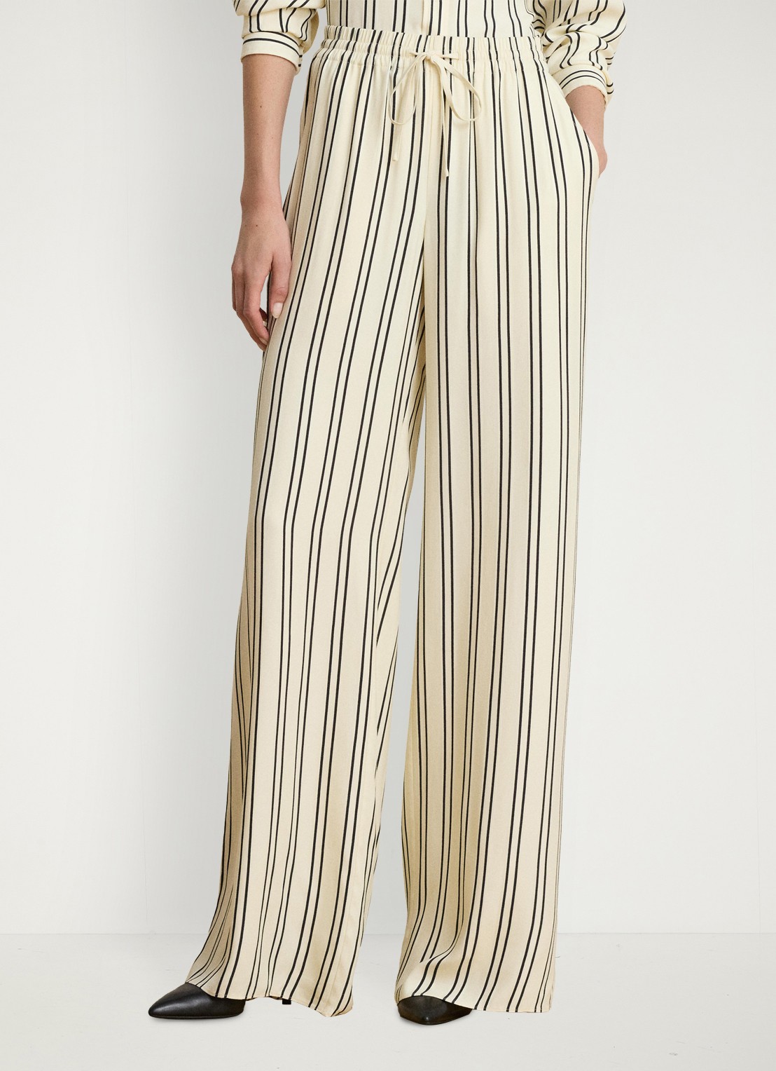 Ralph Lauren High waist wide fit pantalon met streepprint en trekkoord - detail mascarpone crème/black / crème