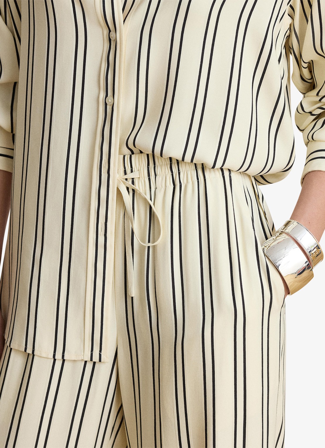 Ralph Lauren High waist wide fit pantalon met streepprint en trekkoord - detail 2 mascarpone crème/black / crème