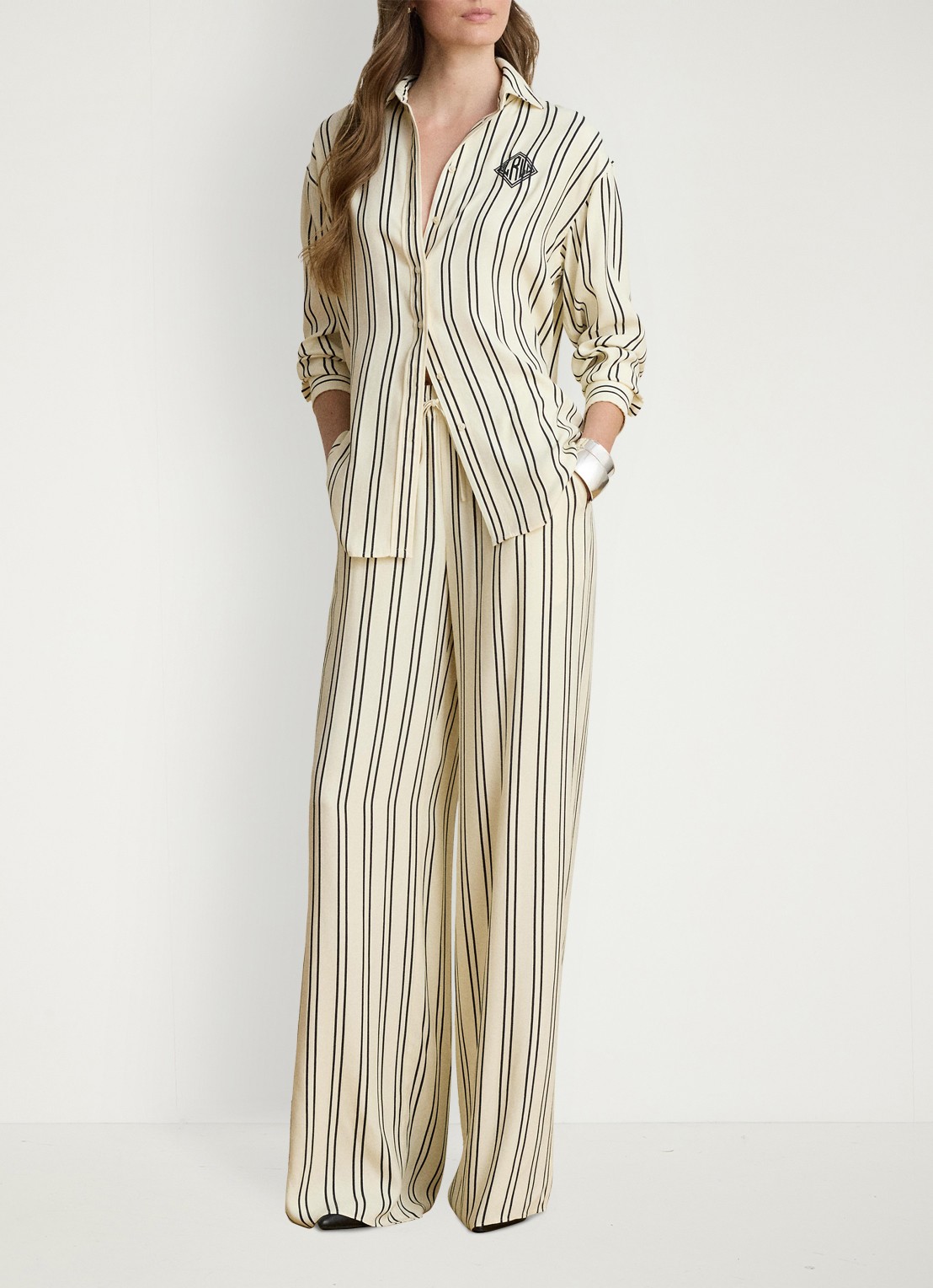 Ralph Lauren High waist wide fit pantalon met streepprint en trekkoord - voorkant 5 mascarpone crème/black / crème