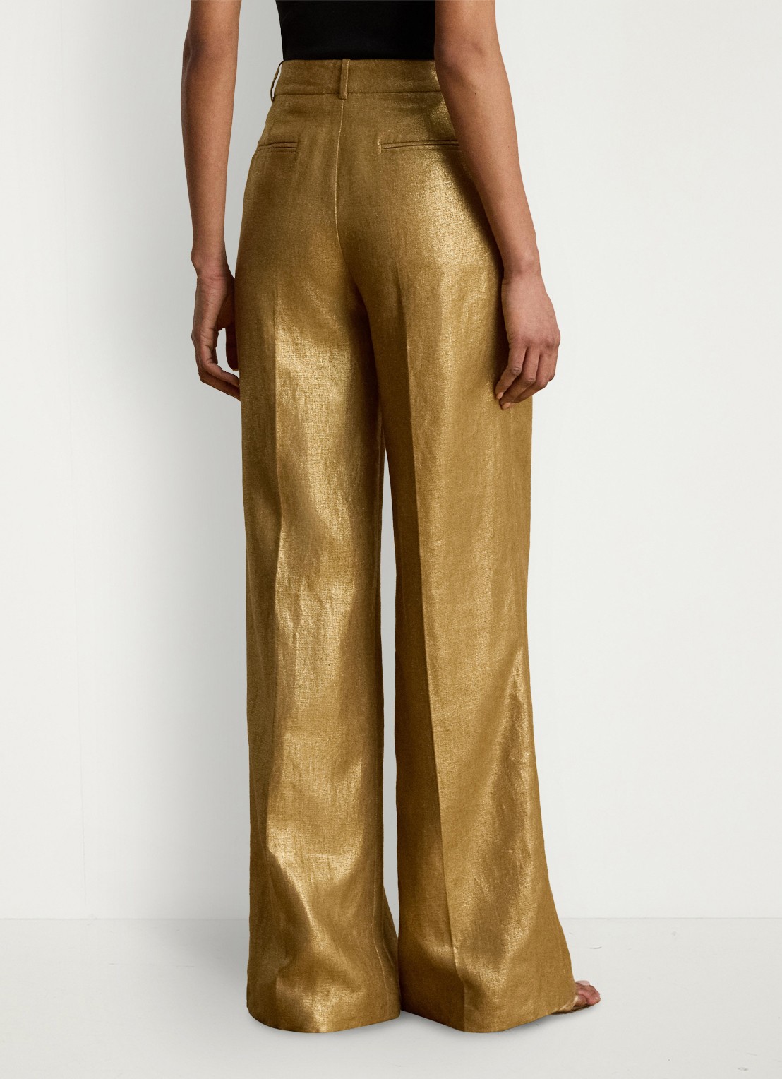 Ralph Lauren High waist wide fit pantalon van linnen met metallic finish - achterkant 5 brown/gold foil / bruin