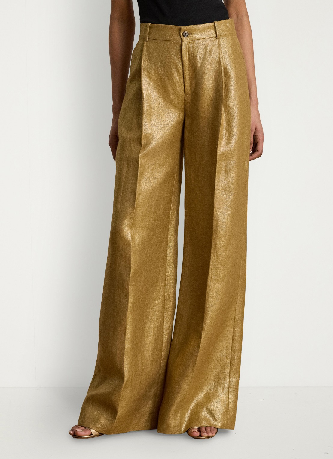 Ralph Lauren High waist wide fit pantalon van linnen met metallic finish - detail 3 brown/gold foil / bruin
