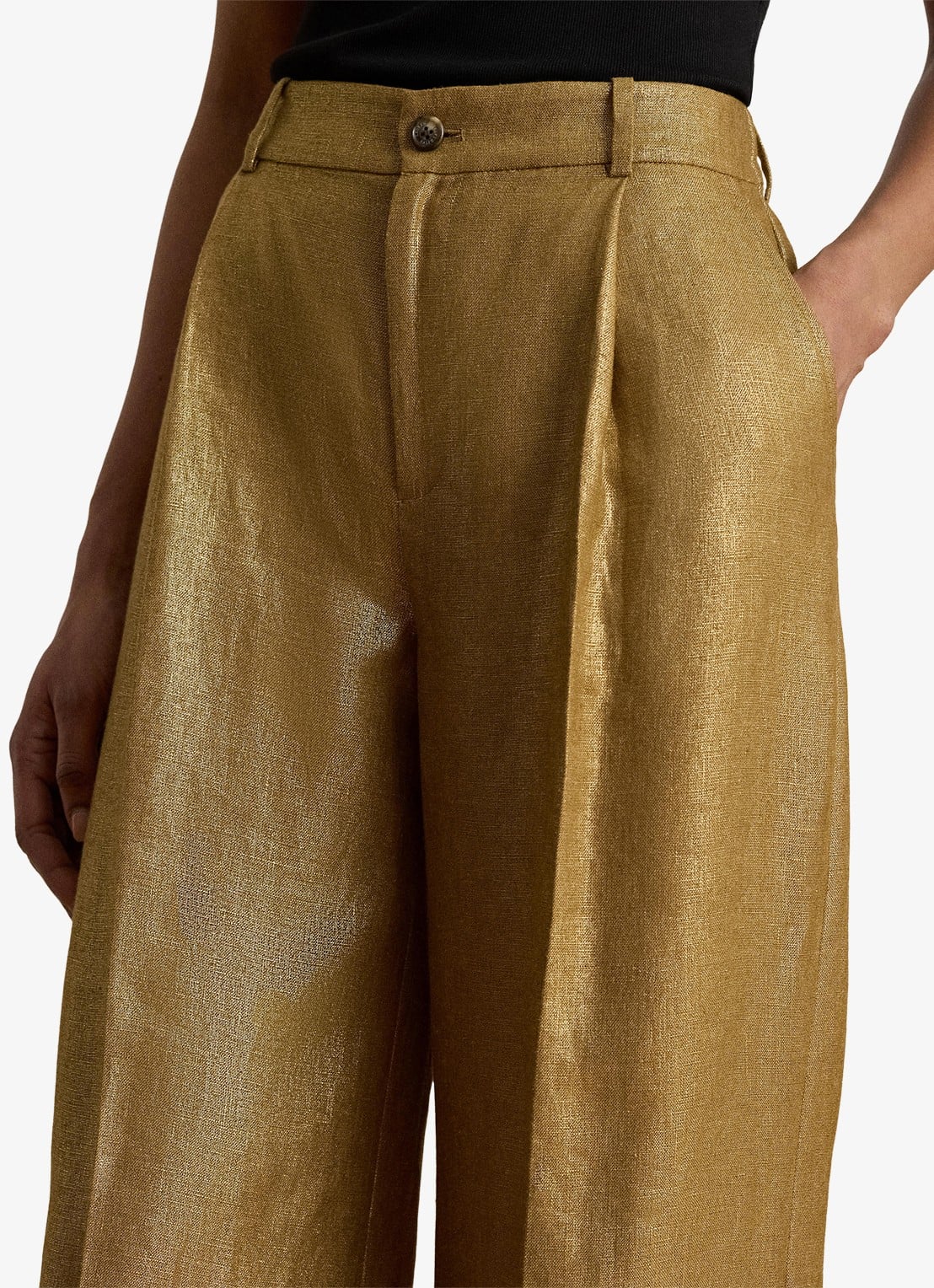 Ralph Lauren High waist wide fit pantalon van linnen met metallic finish - detail 4 brown/gold foil / bruin